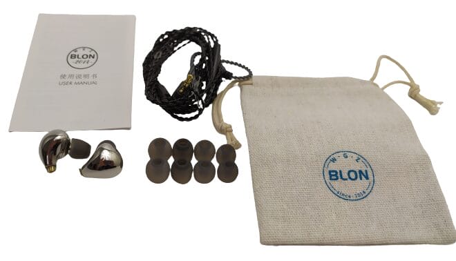 Image shows the included contents of the BLON BL-03 Earphones.