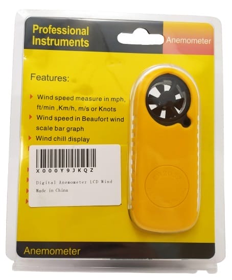 Image shows the outer packaging of the Amgaze Digital Anemometer.