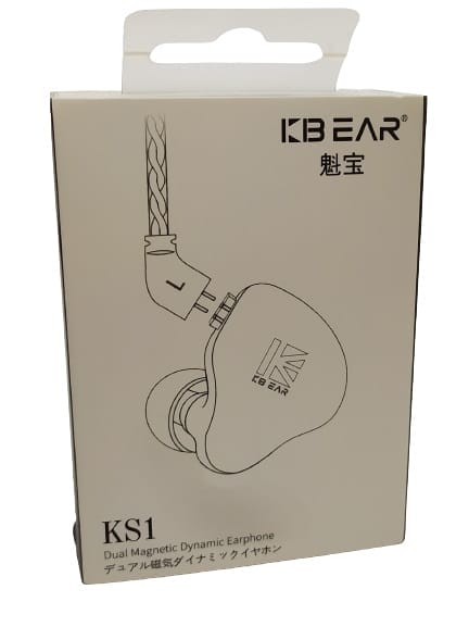 Image shows the outer card packaging. There's an image of the KBEAR KS1 earphone to the front. The box is white with black text.