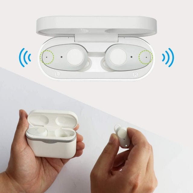 Image shows the earbuds in the charging case.