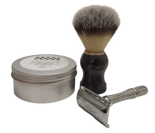 Image shows the shaving soap, shaving brush and razor.