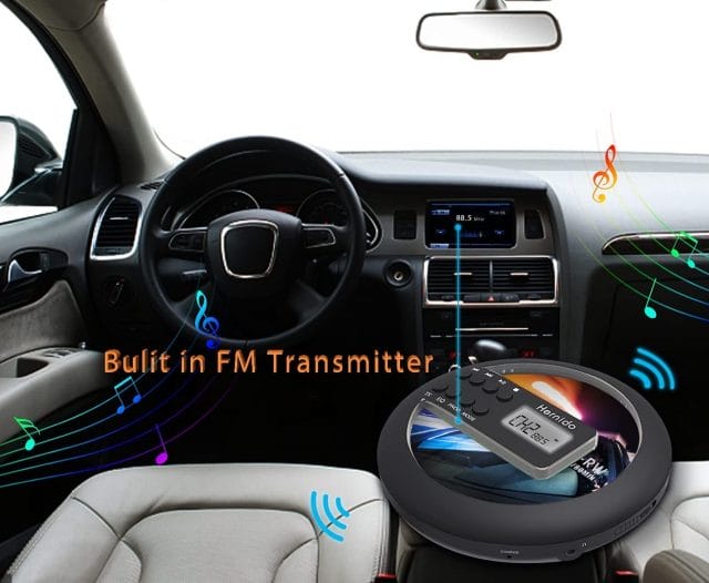 Image shows the inside of a car with a graphic showing the CD player working.