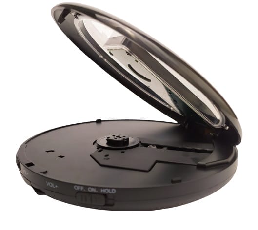Image shows the CD player with the lid in an open position.