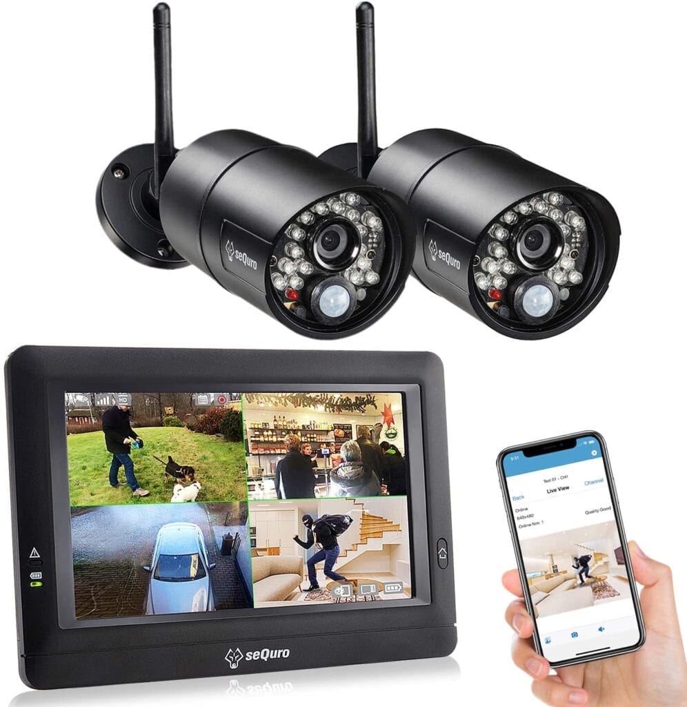 Image shows two cameras, one monitor, and a mobile phone.