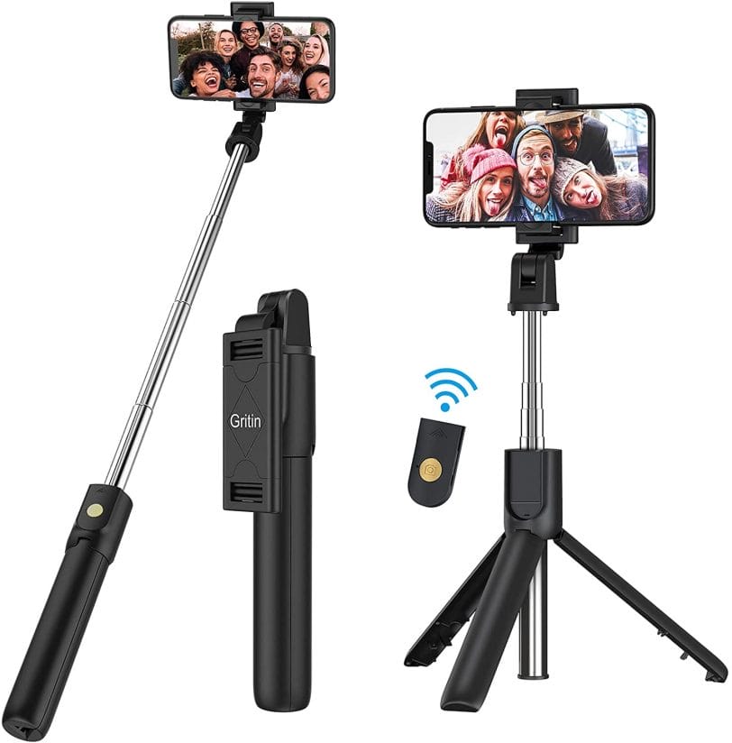 Image shows the selfie stick in use.