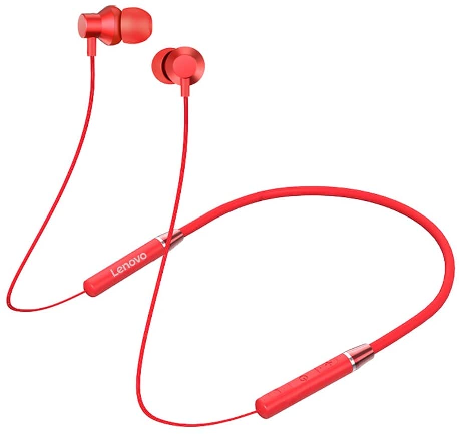 Image shows a pair of red earphones.