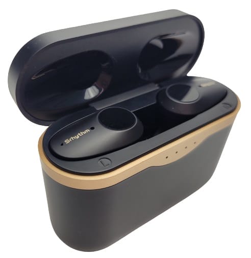 Image shows the battery case and earbuds being charged.