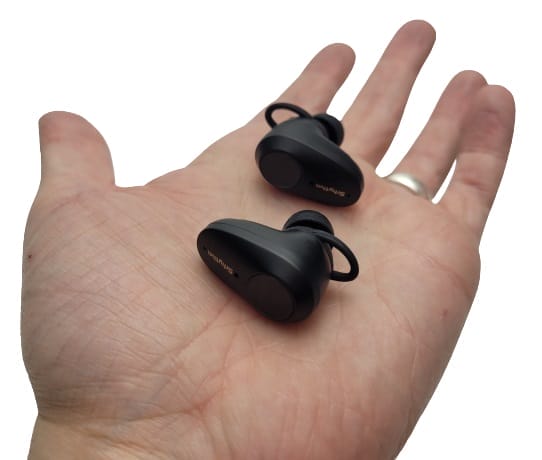 Image shows the earbuds in the palm of my left hand.