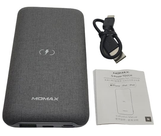 Image shows the included contents of the power bank.