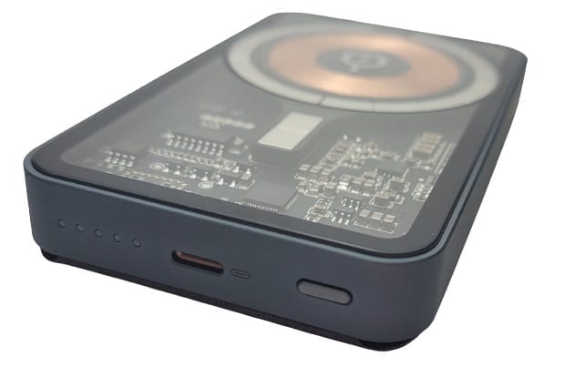 Image shows the LED lights, port and power button.