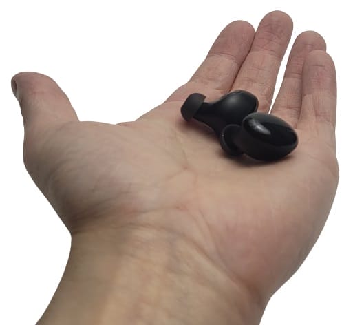 Image shows the earbuds in my left palm.