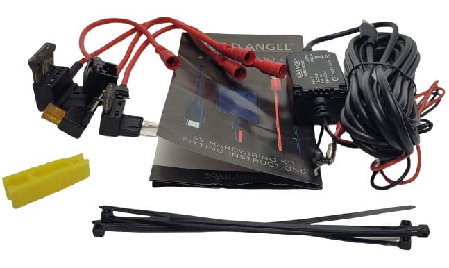 Road Angel Halo Dash Cam Hardwiring Kit Image shows the included pieces to the hardwire kit.