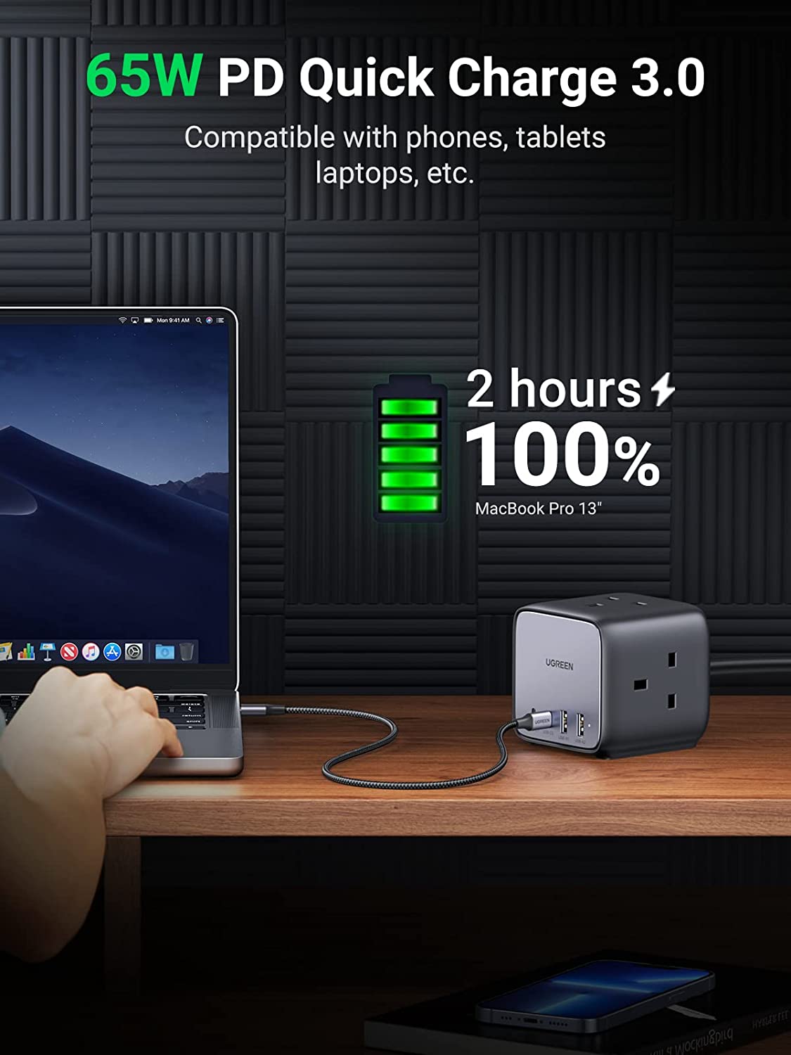 Image shows the DigiNest powering a Macbook Pro 13"