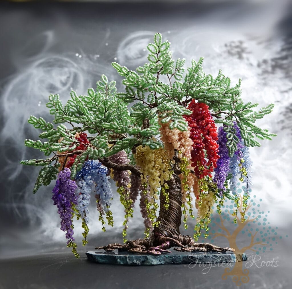 Whimsical Wisteria bead and wire tree sculpture