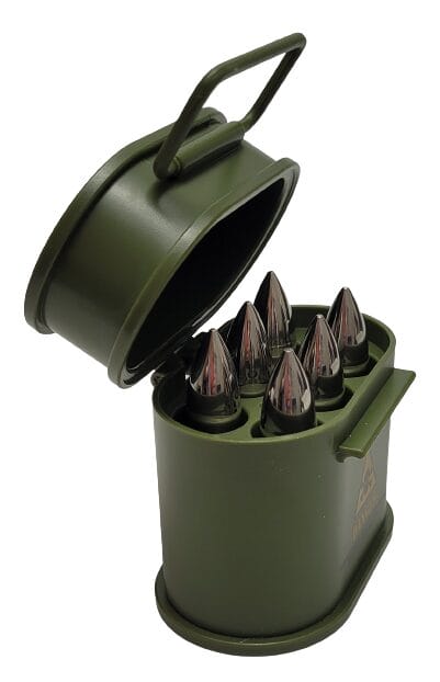 Image shows the artillery case open revealing 6 bullet ice cubes.