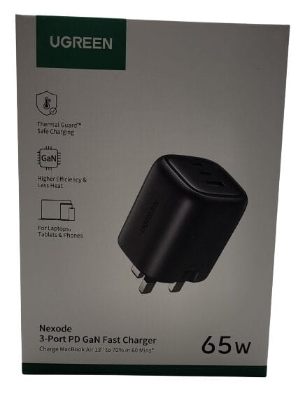 UGREEN Nexode 65W USB C Charger Image shows the outer box, there's a picture of the plug on the front.