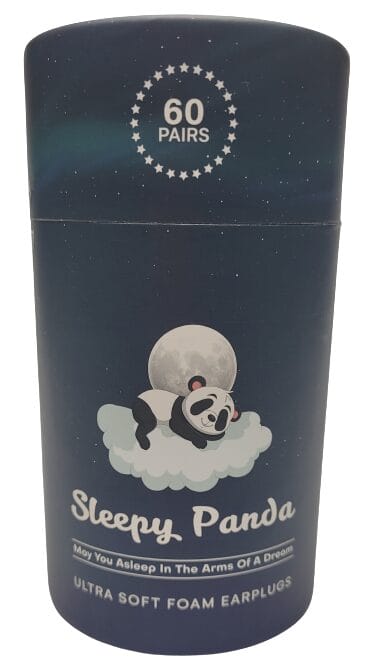 Image shows the outer tube of the earplugs, the tube is dark green in colour and features a panda sleeping on a soft cloud.