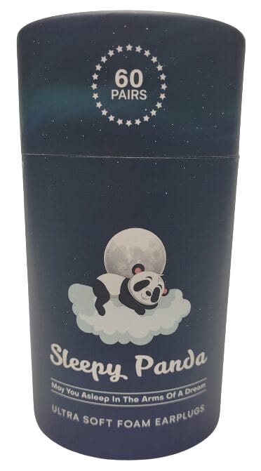 Image shows the outer tube of the earplugs, the tube is dark green in colour and features a panda sleeping on a soft cloud.