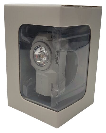 Wuben Knight X0 Torch Image shows the outer box, you can see the torch through a clear plastic window on the box.