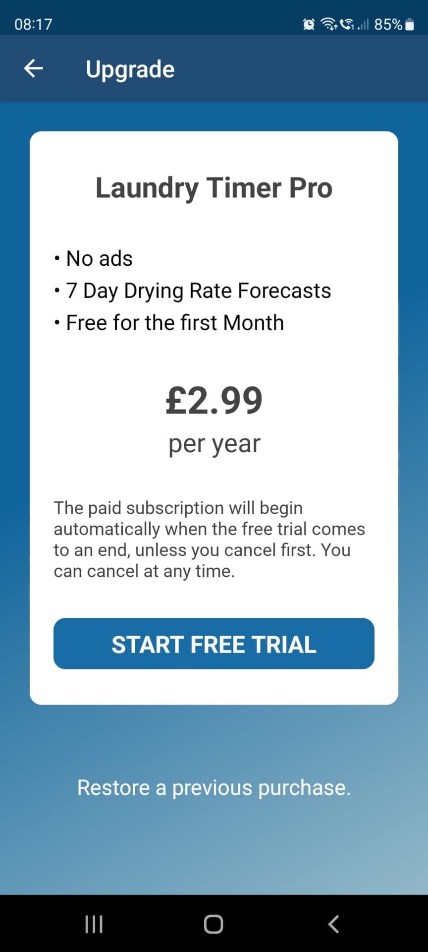 Image shows the screenshot for the Laundry Timer Pro subscription charge.
