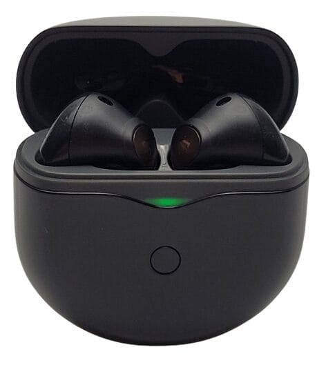 Image shows the charging case with earbuds in. A green light is visible on the front to indicate a 100% charged pair of earbuds.