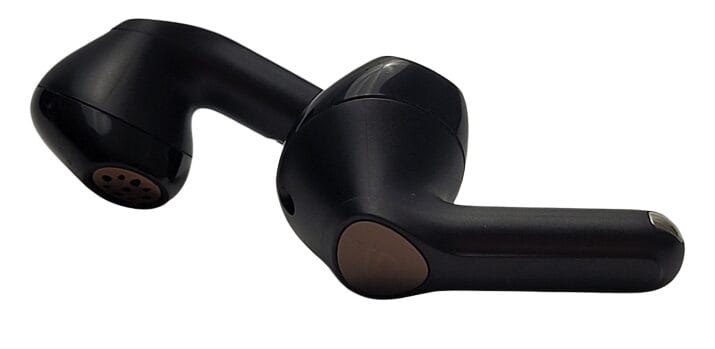 Image shows the earbuds in a laid down position.