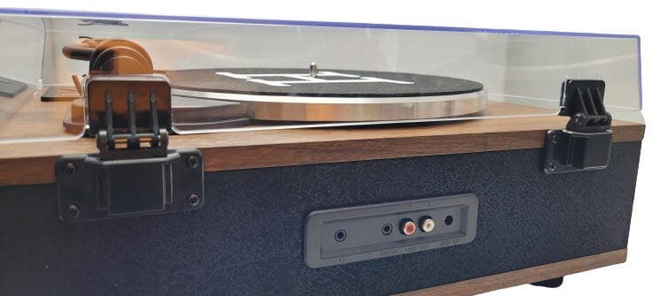 Image shows the input jacks on the back of the record player.