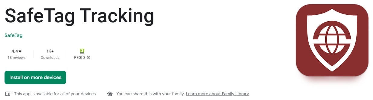 Image shows a screenshot of the SafeTag Tracking app.