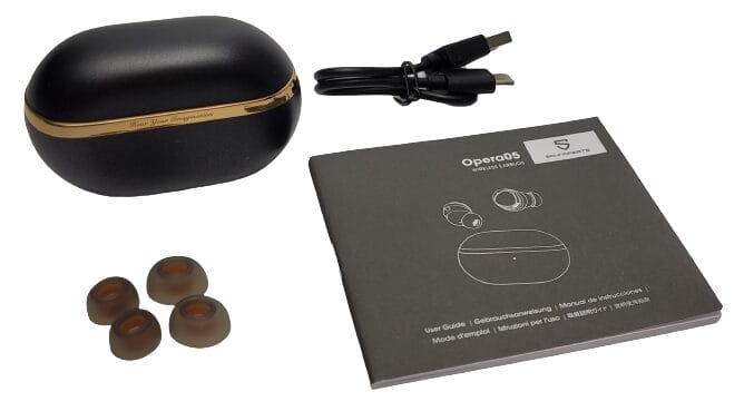 SoundPEATS Opera05 Earbuds Image shows the included contents in a laid out position.