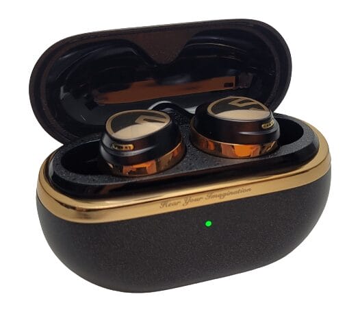 SoundPEATS Opera05 Earbuds Image shows the battery case open showing earbuds on display.