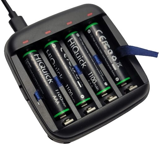 Image shows 4 batteries on charge.