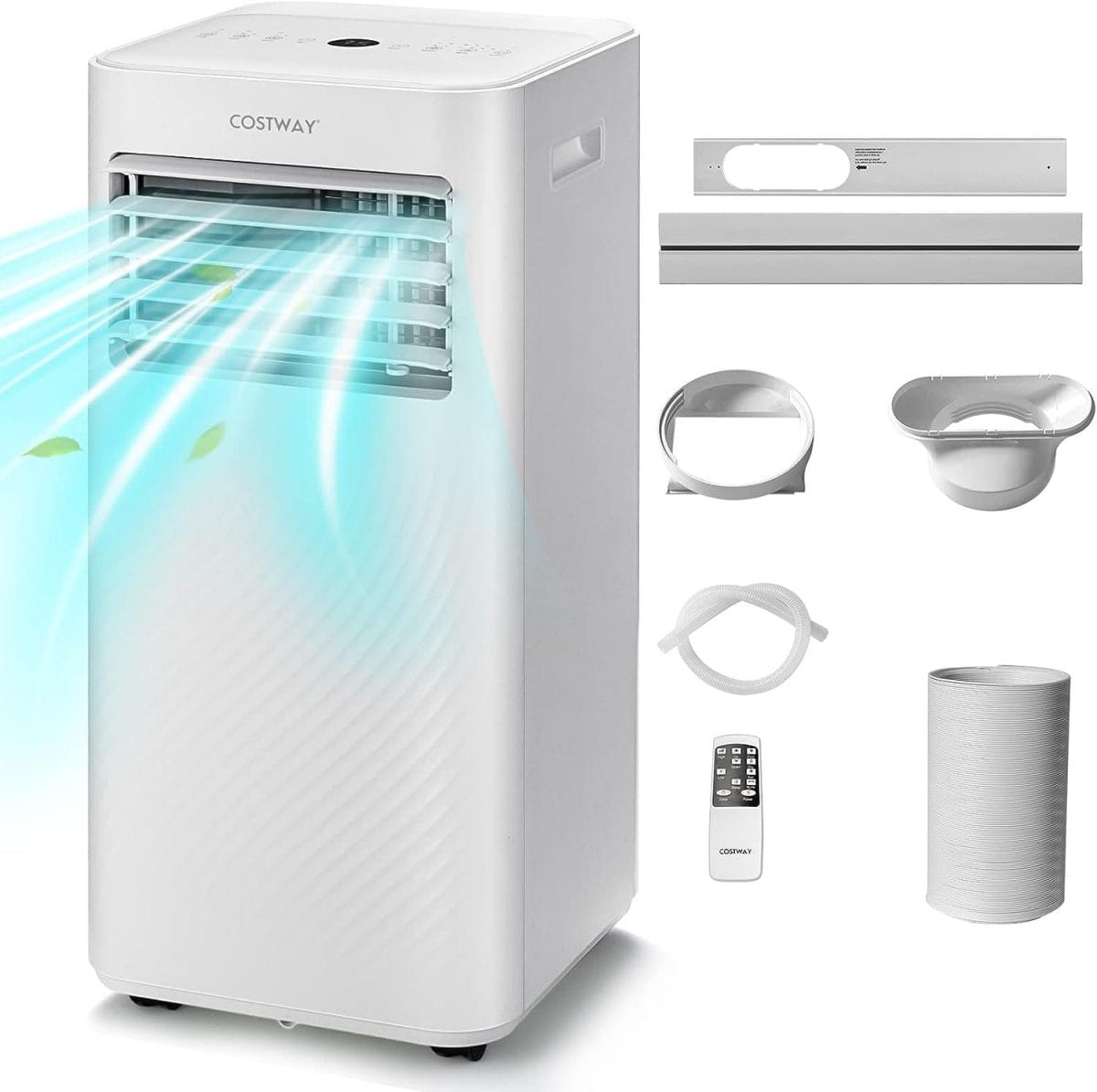 Image shows the included contents of the COSTWAY 4 in 1 Portable Air Conditioner.