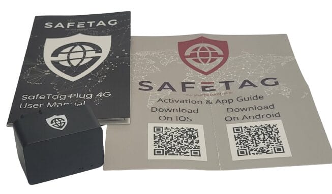 Image shows the included contents of the SafeTag Plug 4G.
