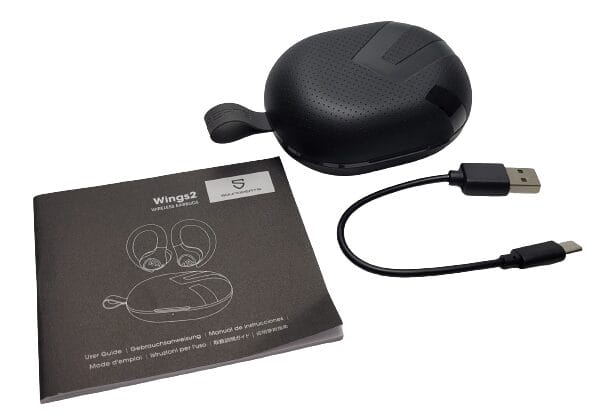 SoundPEATS Wings2 Wireless Earbuds Image shows the included contents in a laid out position.