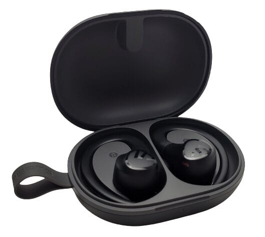 Image shows the earbuds sat in the charging case.