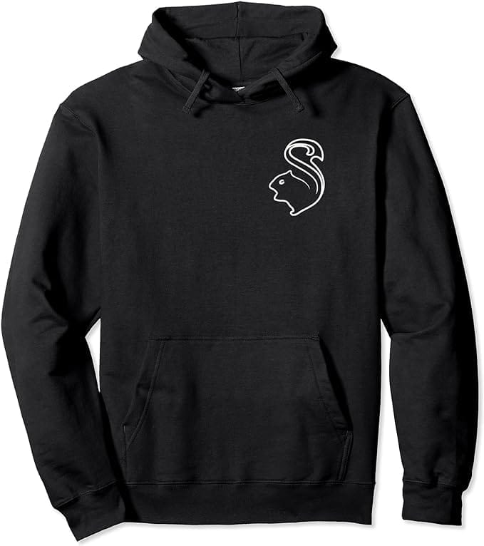 Image shows the hoodie, the design is plain black with a white squirrel logo.