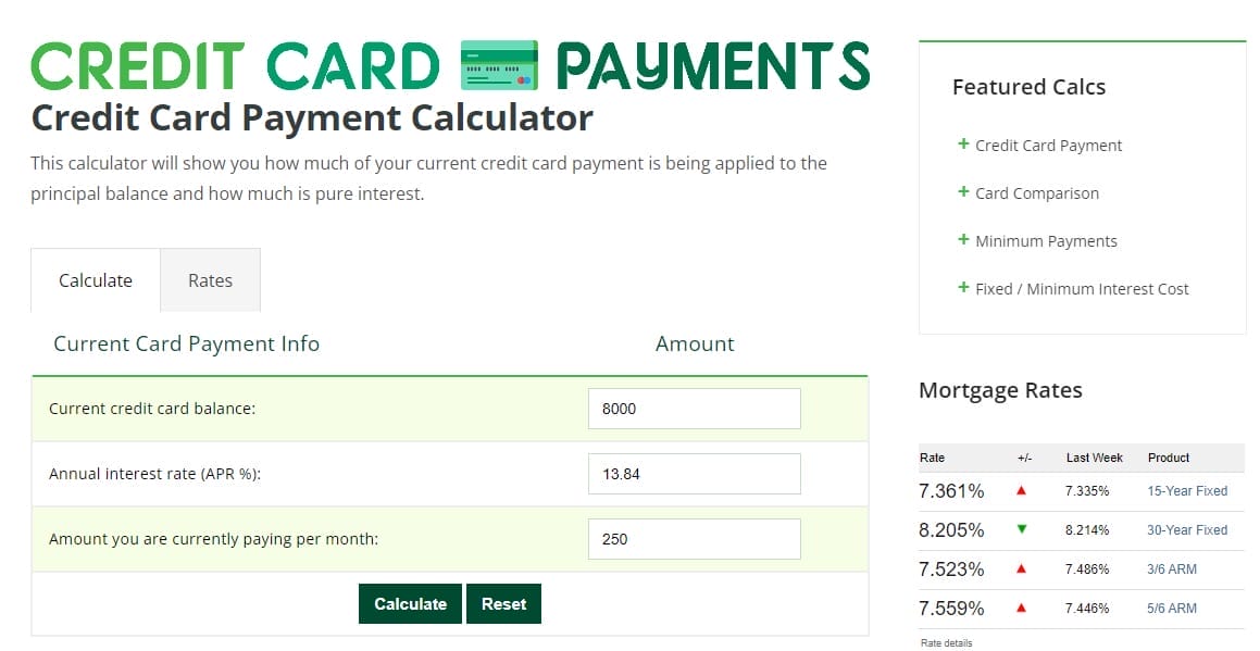 Image shows a screenshot for the credit card calculator.
