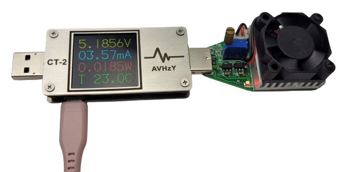 Image shows a tester testing the output values of the powerbank.