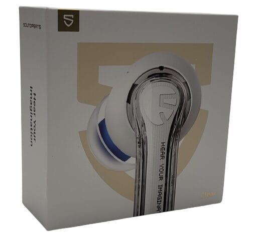 Image shows the outer box of the earbuds. It's white in colour and features an image of the earbuds.