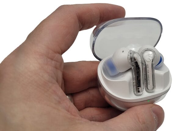Image shows the earbud case opening, I'm holding it in my left hand.