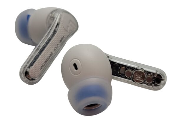 Image shows the earbuds laid out without the case.