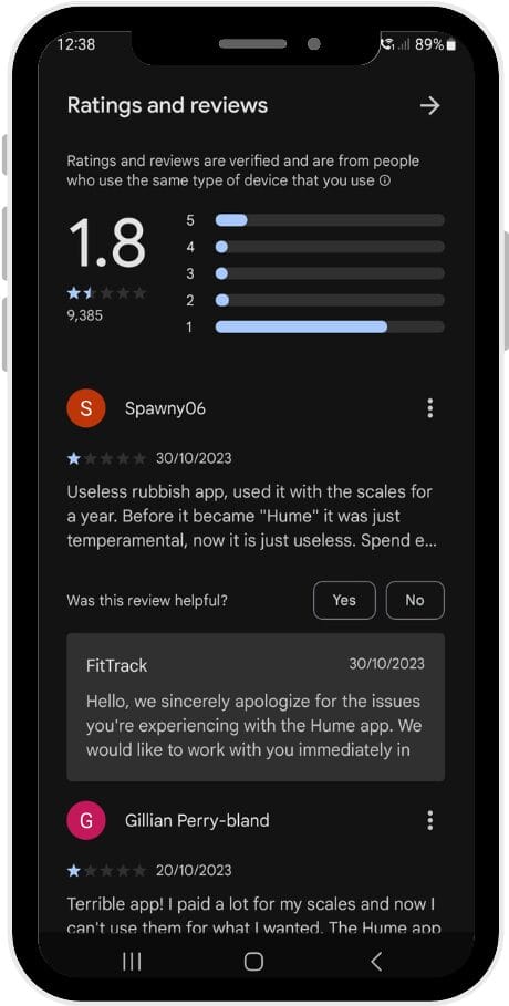 Image shows a screenshot of the negative reviews on the Google Play Store.