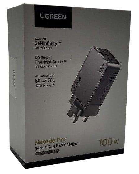 Image shows the outer box of the UGREEN Nexode Pro 100W USB C Charger.