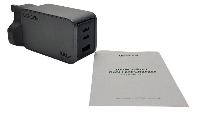 Image shows the included contents of the UGREEN Nexode Pro 100W USB C Charger.