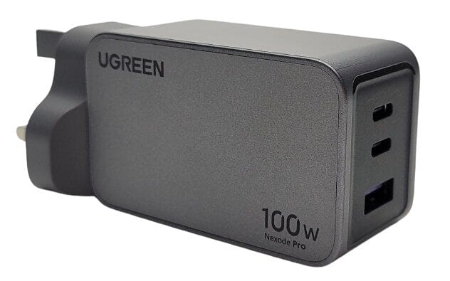 Image shows the UGREEN Nexode Pro 100W USB C Charger at a sideway profile.