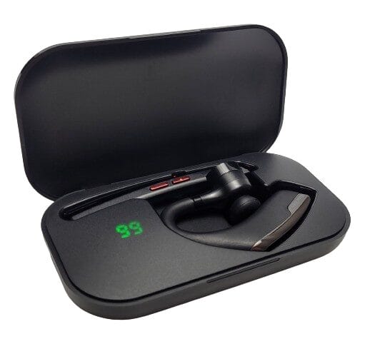 Image shows the headset in the case with a green 99% indicator light.