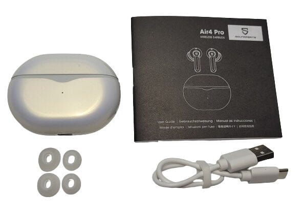 Image shows the included contents for the SoundPEATS Air4 Pro Earbuds in a laid out position.