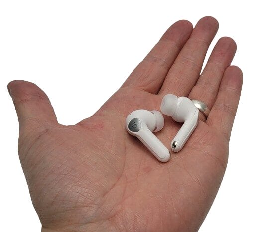 Image shows the SoundPEATS Air4 Pro Earbuds in my left palm.