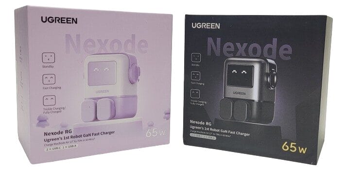 Image shows the outer packaging for the UGREEN Nexode RG 65W Charger. There's a purple box on the left and a black to the right.