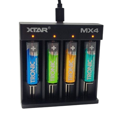 Image shows 4 batteries on charge, they're AA types.